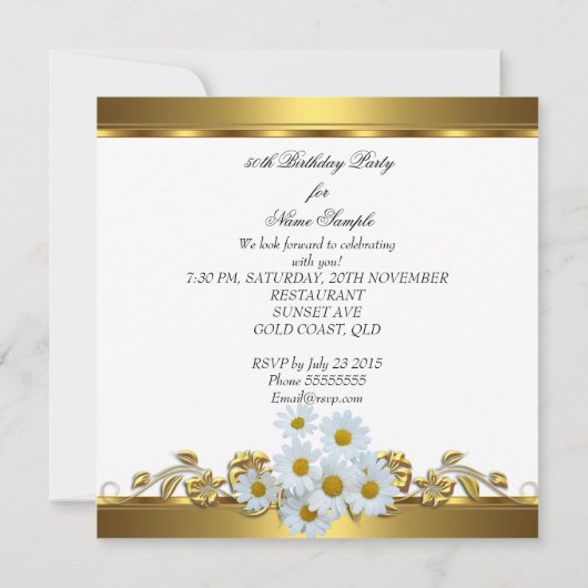 Invitation Élégante 50e fête d'anniversaire Blanc Daisy Or (Dos)