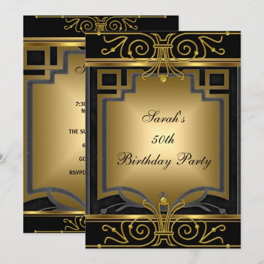 Invitation Elégante 50e fête d'anniversaire Gold Black Art Dé (Devant / Derrière)