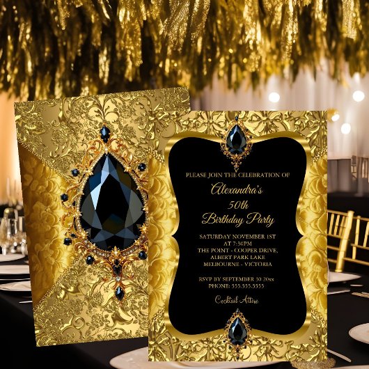 Invitation Élégante 50e fête d'anniversaire Gold Floral Gold