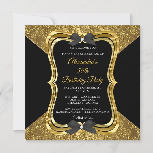 Invitation Élégante 50e fête d'anniversaire Gold Noir doré (Devant)