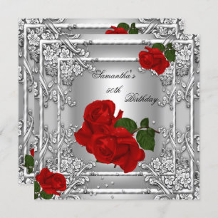 Invitation Élégante 50e fête d'anniversaire Red Rose Silver