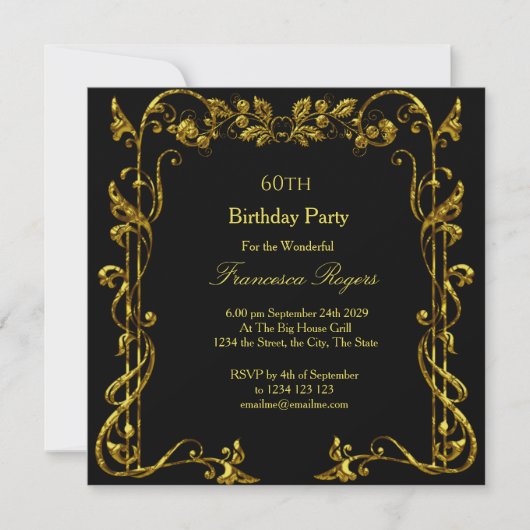 Invitation Élégante 60e anniversaire de fête Gold Black Invit (Devant)
