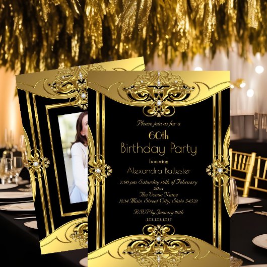 Invitation Élégante 60e anniversaire de la fête Photo Gold Bl