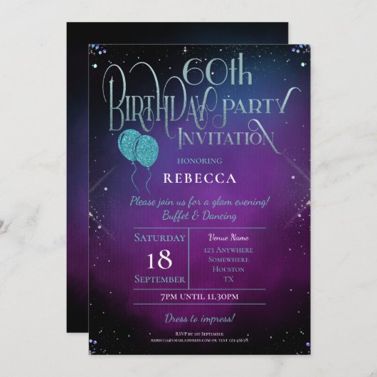 Invitation Élégante 60e anniversaire Ornate Script Purple Par (Devant / Derrière)