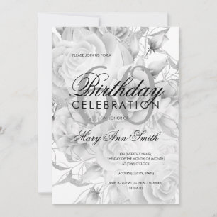 Invitation Élégante 60e fête d'anniversaire Floral Argent Bla