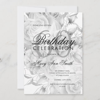 Invitation Élégante 60e fête d'anniversaire Floral Argent Bla