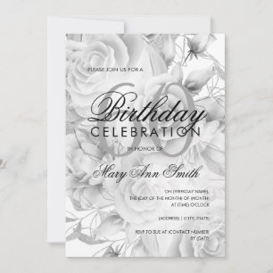 Invitation Élégante 60e fête d'anniversaire Floral Argent Bla