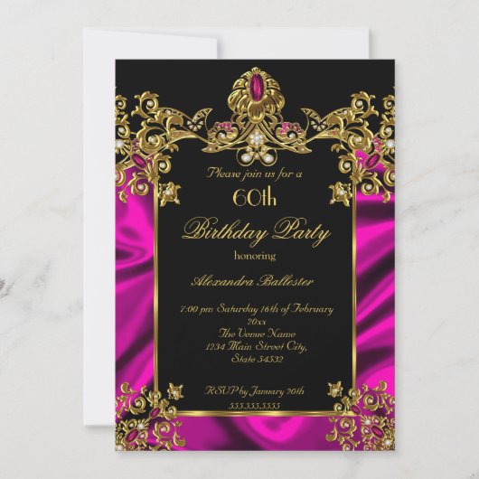 Invitation Élégante 60e fête d'anniversaire Soie Rich Rose Or (Devant)