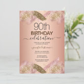 Invitation Elégante 90e anniversaire Rose Parties scintillant (Debout devant)
