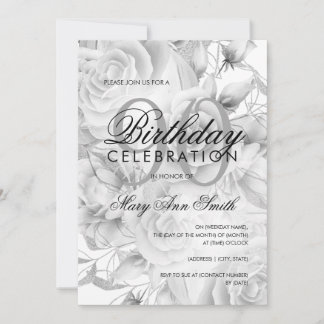 Invitation Elégante 90e fête d'anniversaire Floral Argent Bla