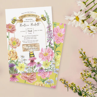 Invitation Elégante abeille jaune et Baby shower Fleur sauvag