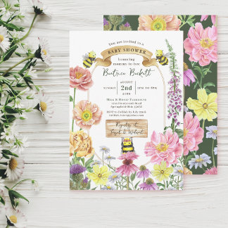 Invitation Elégante abeille verte et Baby shower Fleur sauvag