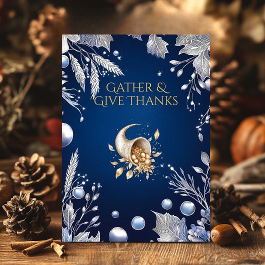 Invitation Elégante Action de grâce Bleue avec Cornucopia & A
