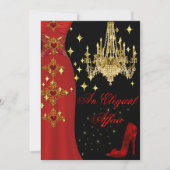 Invitation Elégante Affair Robe Rouge Chandelier Or Anniversa (Devant)