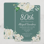 Invitation Elégante Aqua Rose Floral 80e fête d'anniversaire (Devant / Derrière)