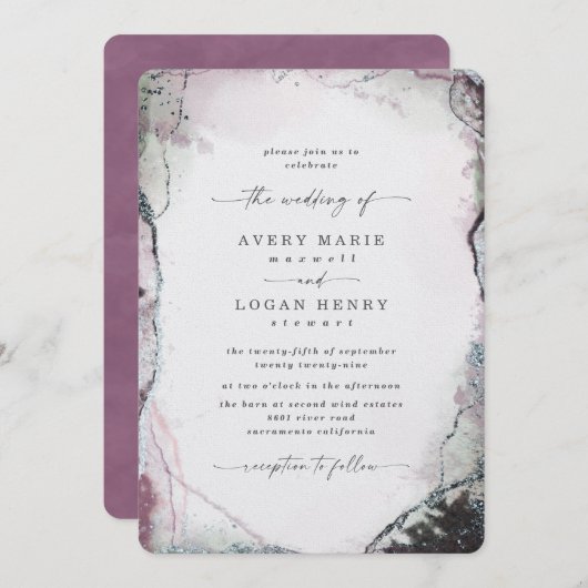 Invitation Elégante aquarelle Abstraite Mariage violet clair (Devant / Derrière)