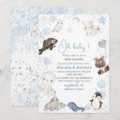 Invitation Elégante aquarelle Animaux arctiques d'hiver Baby  (Devant / Derrière)