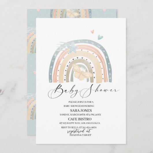 Invitation Elégante aquarelle arc-en-ciel et papillon Floral (Devant / Derrière)