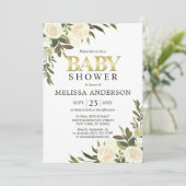 Invitation Elégante aquarelle Baby shower d'ivoire rose flora (Debout devant)