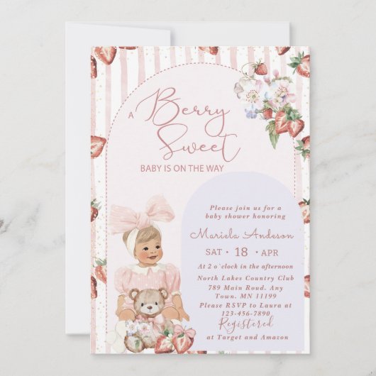 Invitation Elégante aquarelle Baby shower fille fraise (Devant)