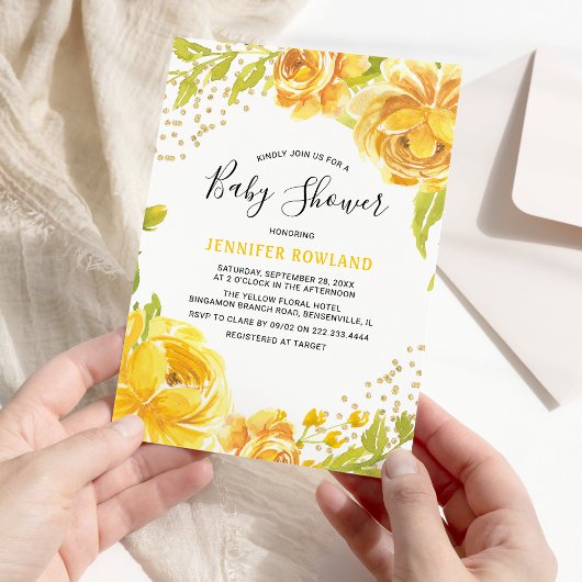Invitation Elégante aquarelle Baby shower floral jaune
