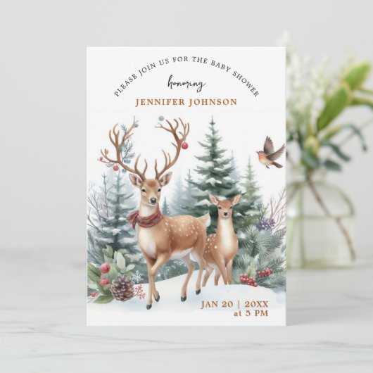 Invitation Elégante aquarelle Baby shower forestier hivernal (Debout devant)