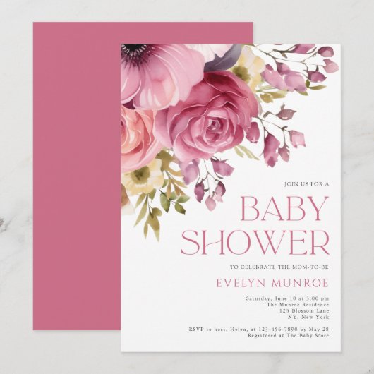 Invitation Elégante aquarelle Baby shower rose floral (Devant / Derrière)