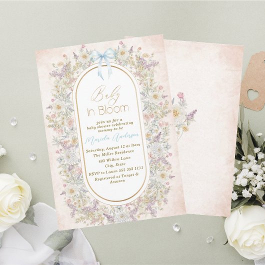 Invitation Elégante aquarelle bébé dans le sang Fleurs roses 