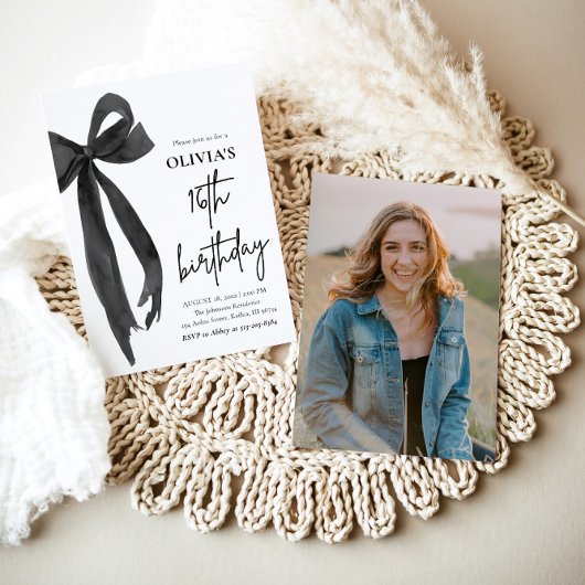 Invitation Elégante aquarelle Black Bow 16e fête d'anniversai