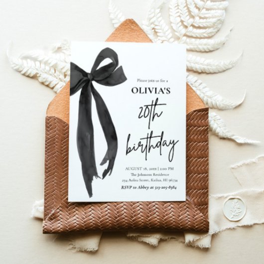 Invitation Elégante aquarelle Black Bow 20e fête d'anniversai