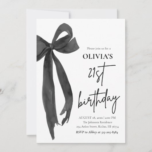 Invitation Elégante aquarelle Black Bow 21e fête d'anniversai (Devant)
