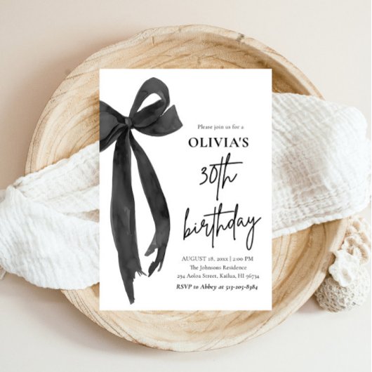 Invitation Elégante aquarelle Black Bow 30e fête d'anniversai