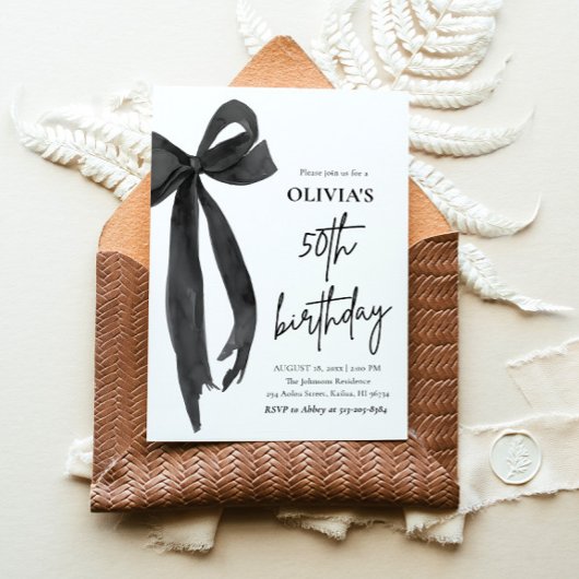 Invitation Elégante aquarelle Black Bow 50e fête d'anniversai