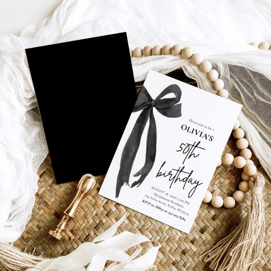 Invitation Elégante aquarelle Black Bow 50e fête d'anniversai