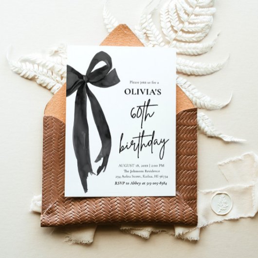 Invitation Elégante aquarelle Black Bow 60e fête d'anniversai