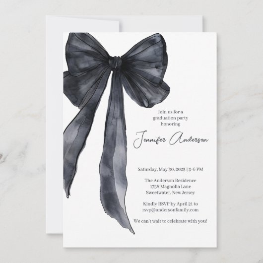 Invitation Elégante Aquarelle Black Bow Graduation Party (Devant)