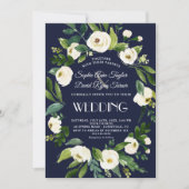 Invitation Elégante aquarelle blanc Floral bleu foncé Mariage (Devant)