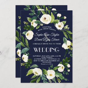 Invitation Elégante aquarelle blanc Floral bleu foncé Mariage