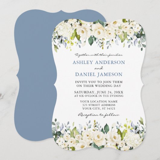 Invitation Elégante aquarelle blanc Floral Dusty Blue Mariage (Devant / Derrière)
