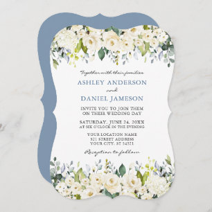 Invitation Elégante aquarelle blanc Floral Dusty Blue Mariage
