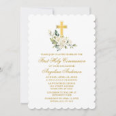 Invitation Elégante aquarelle blanc Floral Gold Communion (Devant)