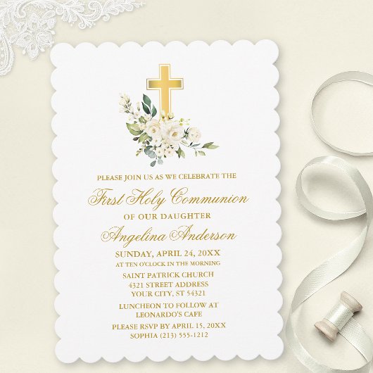 Invitation Elégante aquarelle blanc Floral Gold Communion