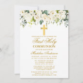 Invitation Elégante aquarelle blanc Floral première communion (Devant)