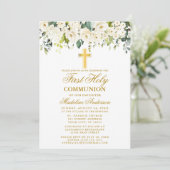 Invitation Elégante aquarelle blanc Floral première communion (Debout devant)