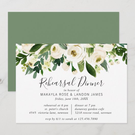 Invitation Elégante aquarelle blanche Dîner de répétition flo (Devant / Derrière)