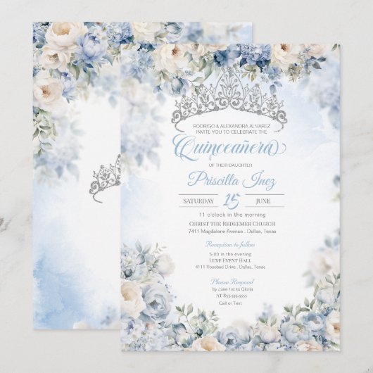 Invitation Elégante aquarelle bleu clair Floral Quinceañera (Devant / Derrière)