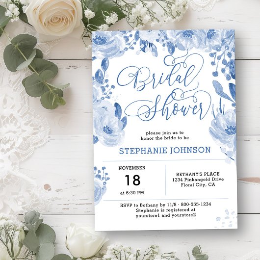 Invitation Elégante aquarelle bleu Dusty Fête des mariées flo