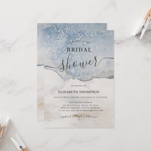 Invitation Elégante aquarelle Bleu Fête des mariées moderne (Devant/Arrière en situation)