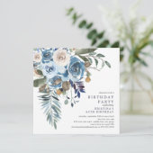 Invitation Elégante aquarelle bleu floral fête d'anniversaire (Debout devant)