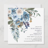 Invitation Elégante aquarelle bleu floral fête d'anniversaire (Devant)